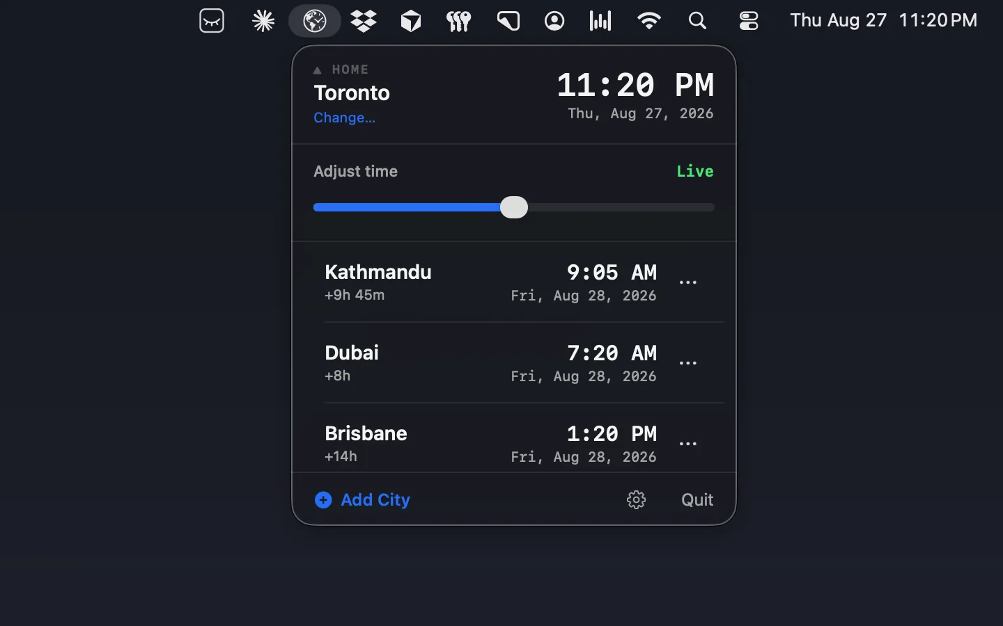 My Time Zone's menu-bar panel: Toronto as home, with Kathmandu, Dubai and Brisbane below it, and a slider for shifting every clock at once.