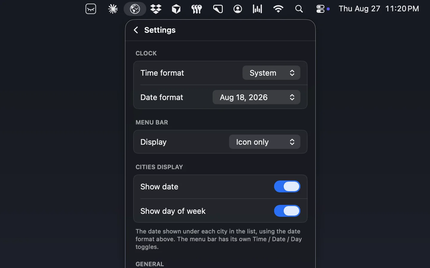 My Time Zone's Settings panel: time and date format pickers, a menu-bar display mode, and toggles for showing the date and day of week beneath each city.