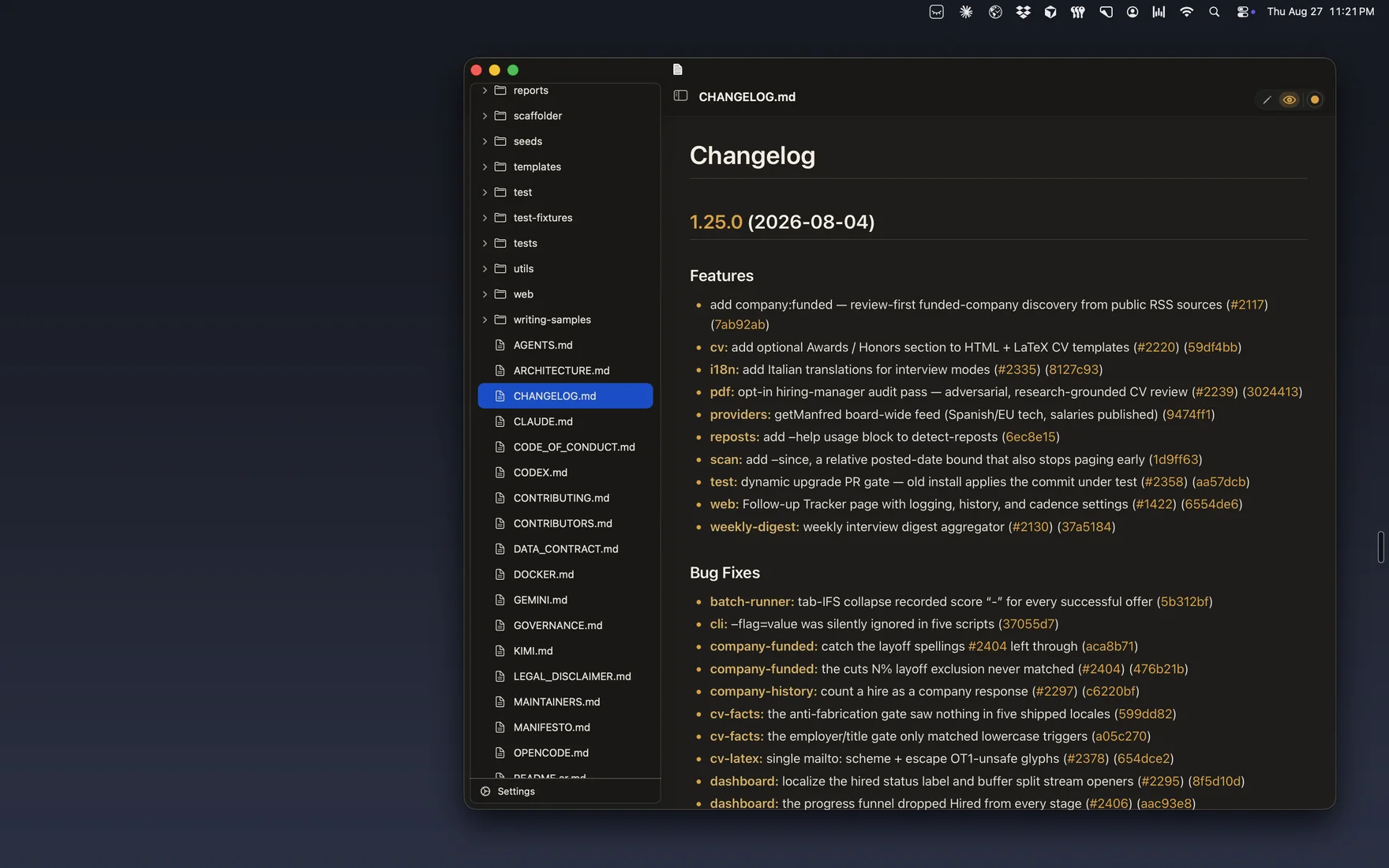 WorkMD showing a dropped repository folder: a file-tree sidebar on the left, and a rendered CHANGELOG.md on the right in the Hard Hat Dark theme.