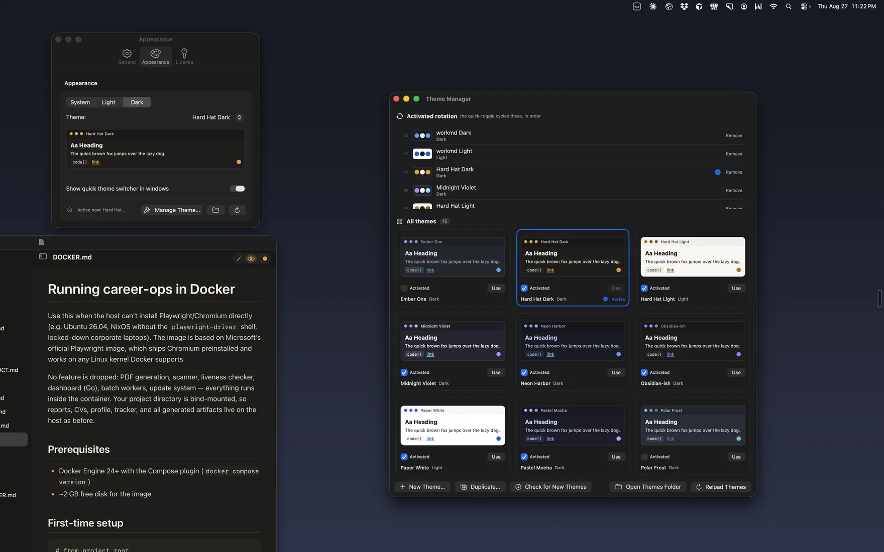 WorkMD's Theme Manager open beside a document, showing the built-in themes as live previews with an activated rotation at the top.